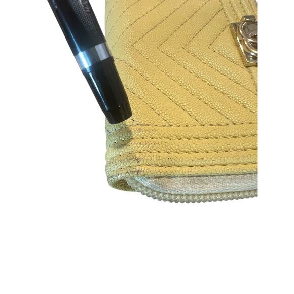 CHANEL Yellow Caviar Leather Chevron Quilted Boy Zip Around Coin Purse Wallet - Picture 16 of 16